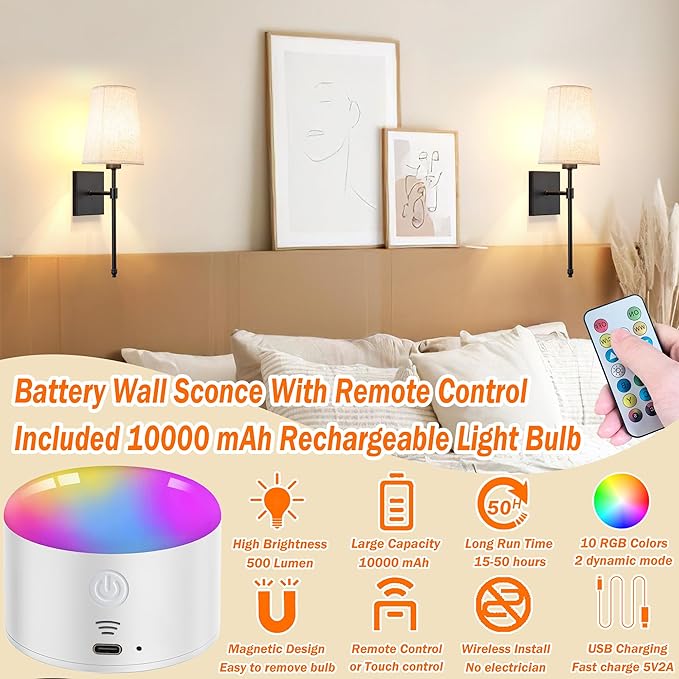 Battery Operated Wall Sconce Light Set Of Two, Battery Operated Sconces Wall Lighting Indoor Wireless Wall Sconce With Remote Control, Dimmable Battery Wall Lamp With 3CCT Bulb For Bedroom Living Room