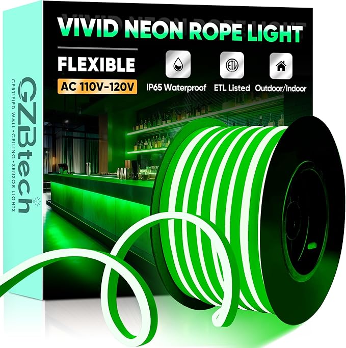 GZBtech Flexible LED Neon Rope Lights 50FT,AC 110-120V Waterproof Strip Light, 120 LEDs/M Cuttable Connectable Neon Lighting for Indoor Outdoor Home Decor/Commercial Building Use-Green 15M, ETL Listed