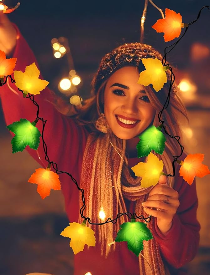 Fall Decorations Thanksgiving for Home, 8FT Halloween Decor Indoor Lights with 10 LED Maple Leaf, Connectable Novely Fairy String Lights Autumn Harvest Table Indoor Outdoor Decor Halloween Party Gifts