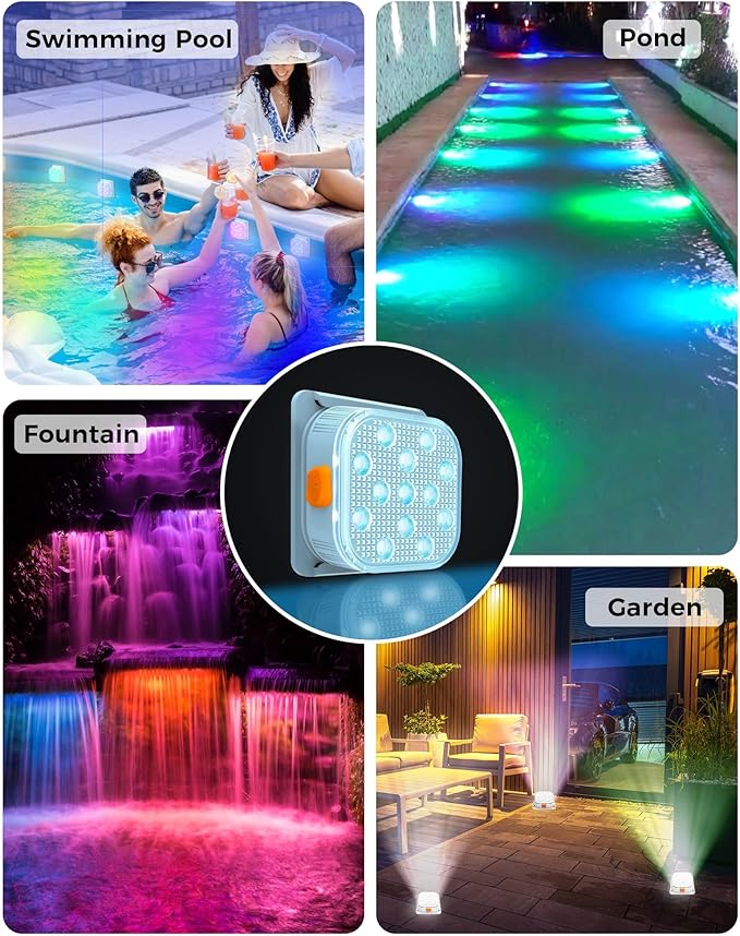 Pool Lights (2 Pack), Submersible LED Light with Remote Control, 5 Adjustable Brightness Levels, 16 Colors & 6 RGB Modes, IP68 Waterproof, 10H Runtime,Installation Accessories Included, (2025 Upgrade)