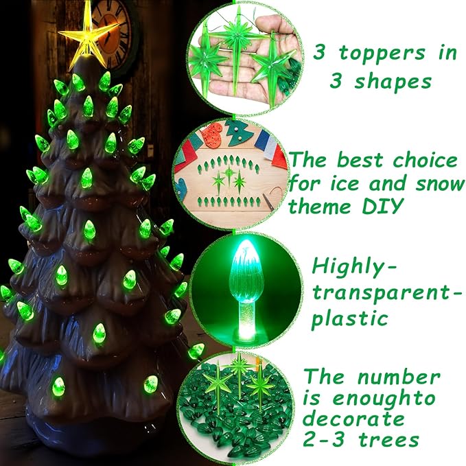 Ceramic Christmas Tree Replacement Lights Bulbs, Green Medium Twist Plastics Pegs Ornaments for Ceramic Tree(87 Bulbs＆ 3 Topper Star)