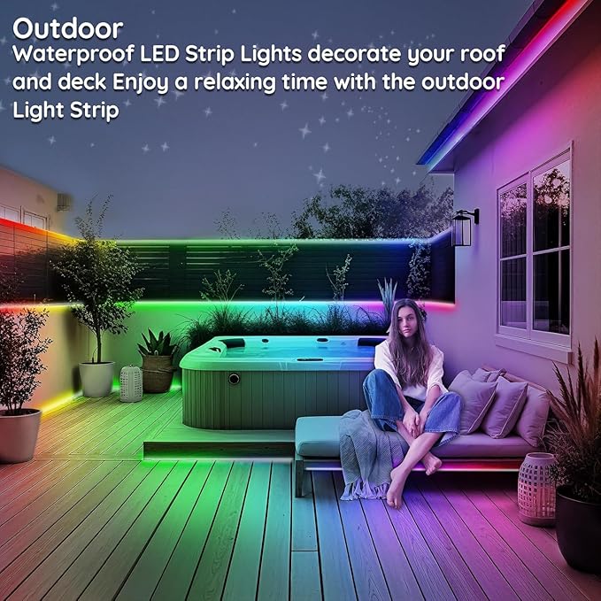 100ft Outdoor LED Strip Lights Waterproof,IP68 Outside Led Light Strips Waterproof with App and Remote,Music Sync RGB Exterior Led Rope Lights with Self Adhesive Back for Roof,Deck