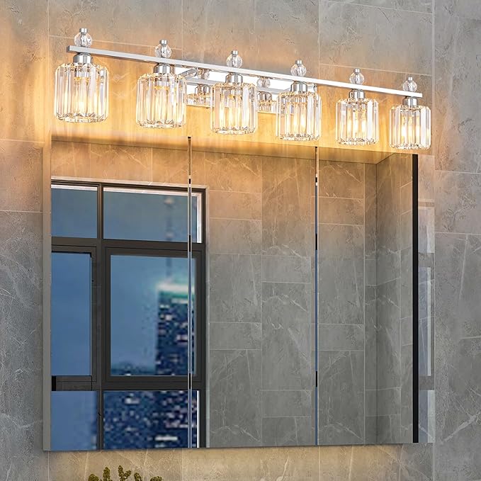 Bathroom Vanity Lights 6-Light Chrome Modern Crystal Vanity Light Fixtures Over Mirror Crystal Bathroom Vanity Lighting Fixtures