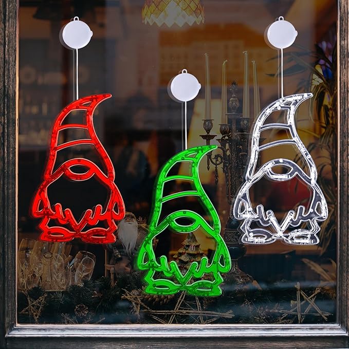LOLStar Christmas Window Lights 3 Pack Red White and Green Gnomes Xmas Lights with Suction Cups 2025 Upgrade Timer Function and Slowly Fade Mode Battery Operated Indoor Decors Christmas Decorations