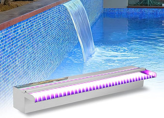 YUDA 24'' Stainless Steel Waterfall Pool Fountain with SMD LED 7 Color Changing and Remote, Lighted Waterfall Spillway for Sheer Descent Garden Outdoor