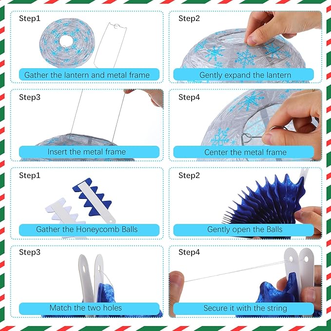 Retisee 18 Pcs Winter Party Decorations Snowflake Paper Lanterns Blue Sliver Hanging Paper Fans Hanging Honeycomb Ball for Wonderland Party Holiday Winter Decor Supplies