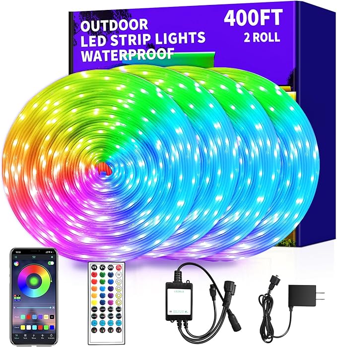 400ft Outdoor LED Strip Lights,IP68 Outside Led Light Strips Waterproof with APP/Remote Control,Music Sync RGB Exterior Led Rope Lights for Bedroom Garden Staircase Parties（2 Rolls of 200ft）