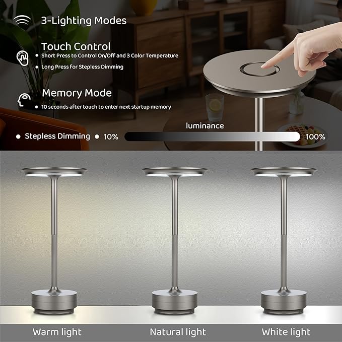 Cordless Table Lamp Rechargeable - 5000mAh Battery Operated LED Table Light with Touch Stepless Dimming - Portable Silver Metal Outdoor Lamp for Patio, Restaurant, Bedroom