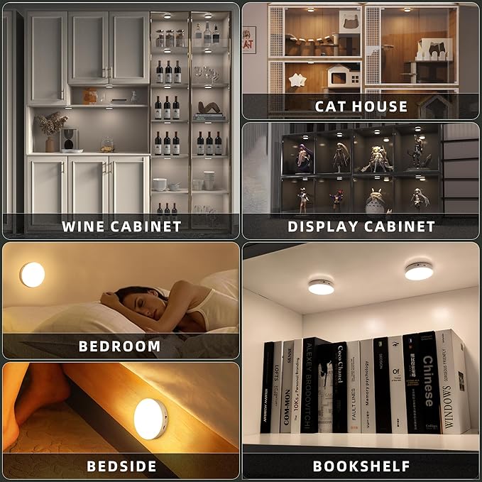 Puck Lights with Remote Control, Magnetic Under Cabinet Lighting, 1200mAh Rechargeable Stick On Lights for Under Cabinet, Hallway, Stairway, Closet (Cool White, 6pcs)