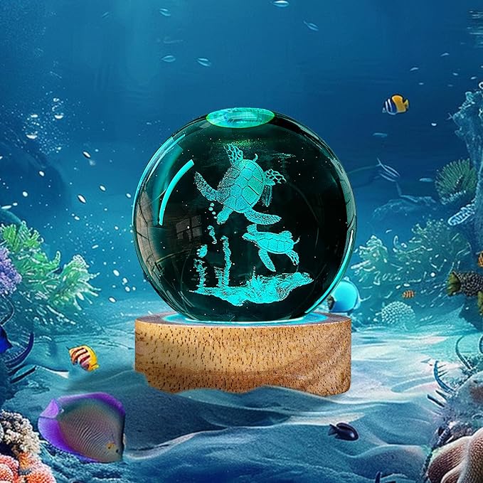 3D Sea Turtle Crystal Ball Night Light with 16 Color, 60mm Sea Turtle Figurine Glass Lamps with Remote Unique Turtle Room Table Decor Birthday Christmas Gifts for Boys Girls Friends