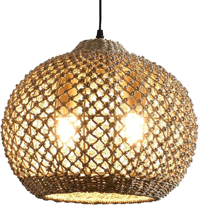 13.79" Rattan Coastal Pendant Light Fixture,Boho 2-Light Kitchen Island Ceiling Hanging Lighting Wicker Hand Woven Farmhouse Chandelier,for Bedroom, Dining Room, Entryway, Foyer