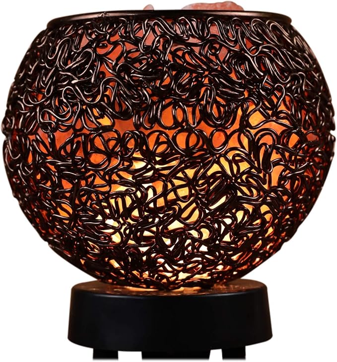 Plemo Natural Himalayan Salt Lamp with Genuine Wood Base in Classic Round Metal Basket with Dimmable Cord and Luxury Gift Box