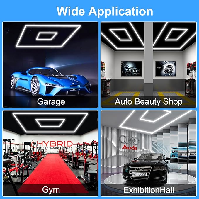 MODERN Hexagon LED Garage Light: 36720 Lumens Hexagon Garage Led Ceiling Light with 2 Rectangular Borders 6500K for Garage, Auto Beauty Shop, Car Detailing Shop etc.