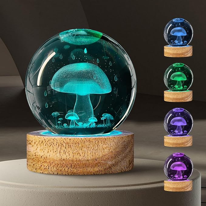 3D Crystal Ball Night Light with 16 Colors, 60mm Glass Ball Lamp with Remote - Unique Mushroom Room Table Decor, Birthday Christmas Gifts for Kids Teens Women
