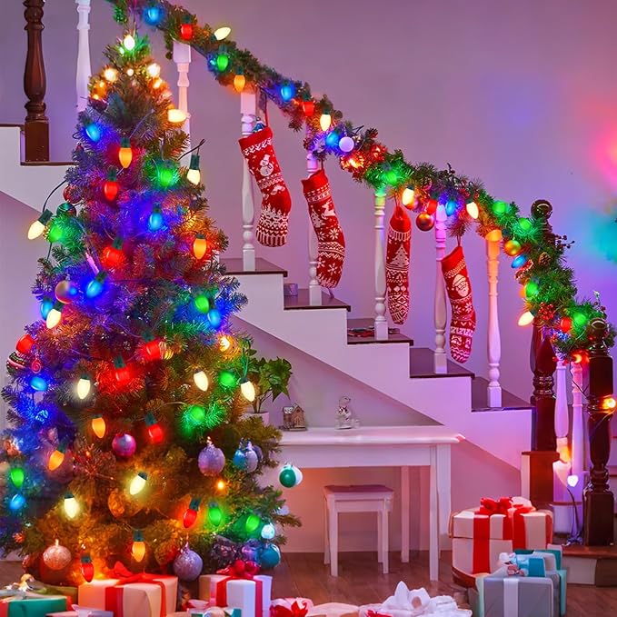 C7 LED Multicolor Christmas Lights Outdoor, 25Ft Vintage Christmas Lights String With 27 LED Ceramic Bulbs (2 Spare Bulbs), Hanging Light for Indoor Outdoor Xmas Tree Home Yard Party Decor, Green Wire