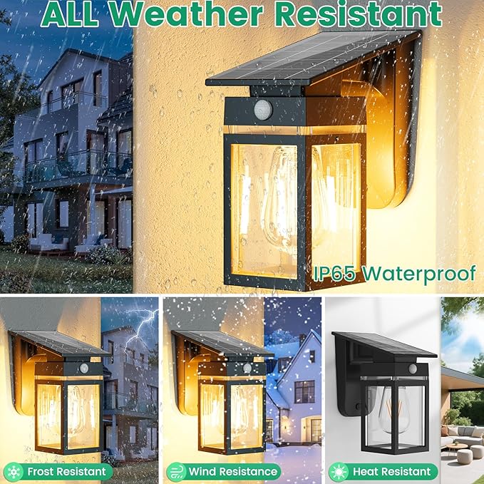 2 Pack Solar Porch Lights Outdoor, Dusk to Dawn & Motion Sensor Wall Light with Lantern Shape, 3 Modes IP65 Waterproof, E26 Bulb Exterior Sconce for Front Porch, Garage, Patio Security