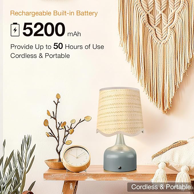 Cordless Boho Table Lamp Blue, Scalloped Wicker Shade, 5200-mAh Rechargeable Battery, 3-Way Dimmable, Build-in Integrated LED 320 Lumen Max, for Bedside Living Room