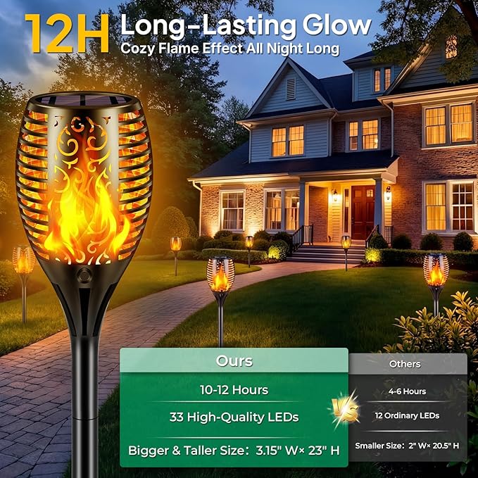TomCare Solar Lights Outdoor Flickering Flame Solar Torch Lights Waterproof Outdoor Lighting Solar Powered Pathway Lights Christmas Decorations for Garden Patio Yard Landscape, 8 Pack