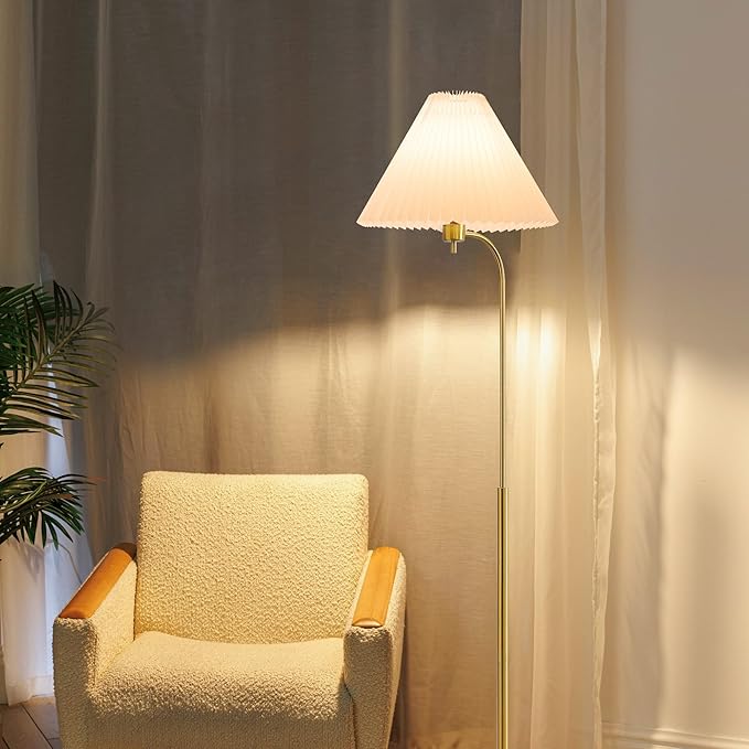 Retro Floor Lamp – 63” Mid Century Modern Floor Lamp with White Pleated Empire Shade, Minimalist Curved Brass Pole Arc Mid-Century Standing Lamp for Cozy Living Room, Bedroom, Reading Corner (Gold)