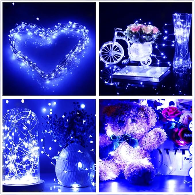 Blue Battery Operated LED String Lights 7Ft 20 LED Silver Copper Wire Fairy Ambiance Lighting for Home Bedroom Patio Camping Halloween Diwali Christmas Decoration-2Pack