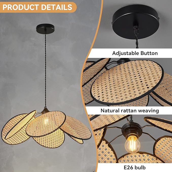 Boho Chandelier, Hemp Rope Pendant Light Hand-Woven Rattan Hanging Lamp Wicker Pendant Lighting Fixture for Dining Living Room Island Kitchen Bedroom