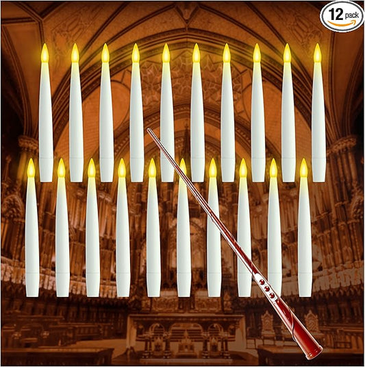 Floating Candles with Wand, 12PCs Magic Hanging Candles with 13 AAA Battery, Flickering Warm Light Flameless LED Candle with Wand Remote, Window Taper Candle Set for Christmas Gift Theme Party