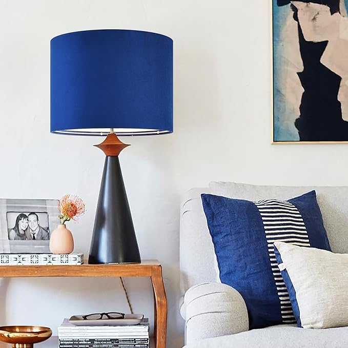 Velvet Drum Lamp Shade Medium Blue Lampshade 13" Top x 13" Bottom x 10" High(Spider) Farmhouse Lamp shade for Table and Bedside Lamp