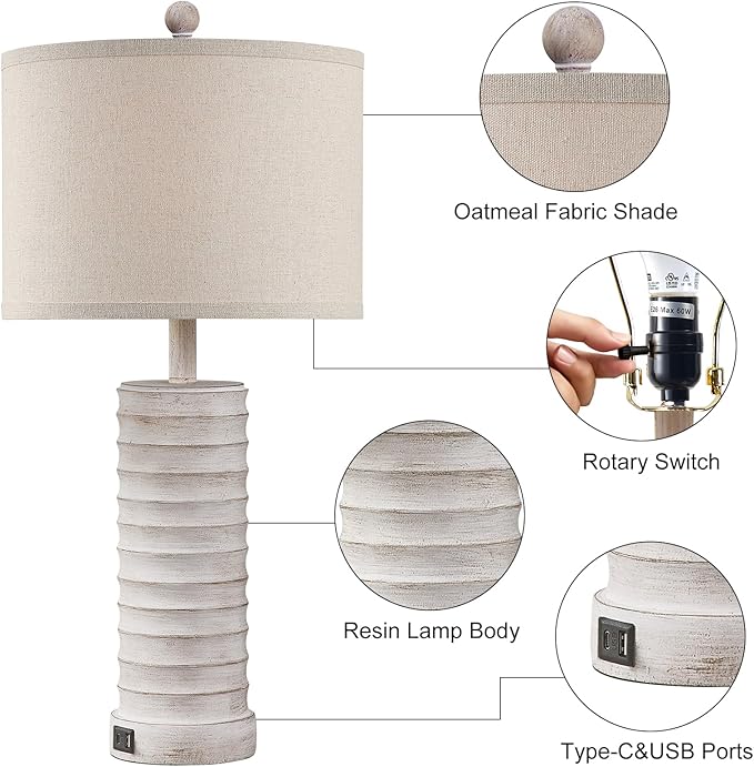 27.5'' Tall Farmhouse Table Lamps for Living Room Set of 2, Rustic Bedroom Lamps for Night Stands, Bedside Lamps with USB Ports for Bedroom Living Room, Nightstand Lamps for End Table, Hallway
