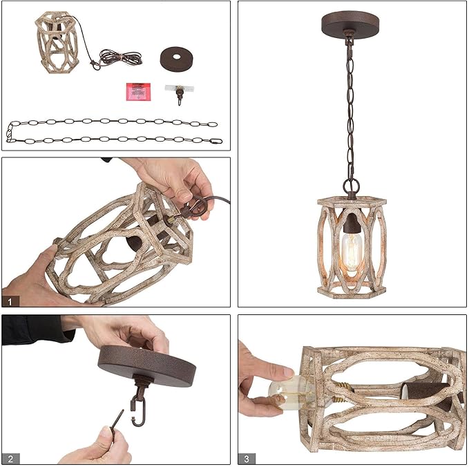 KSANA Farmhouse Pendant Light, Wood Rustic Cage Lantern Hanging Light Fixture for Kitchen Island, Foyer, Hallway, Bedroom and Entryway