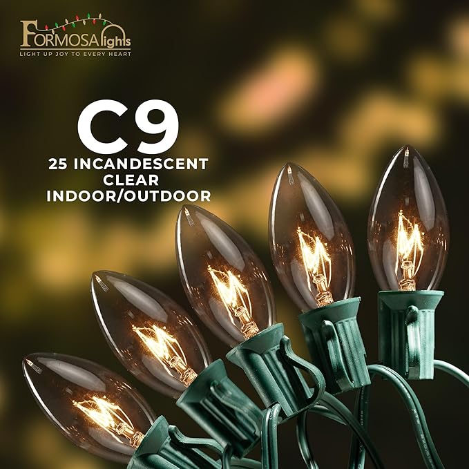 C9 26ft Indoor/Outdoor Clear Incandescent Christmas String Lights with 25 Bulbs and E17 Base | 120V, 7W