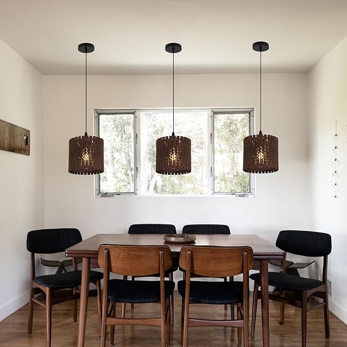 Farmhouse Rustic Wood Drum Pendant Light, 1-Light Rural Ceiling Hanging Lamp Lighting Fixture with 7" Lampshade, Boho Chandelier for Kitchen Island Hallway Dining Room Dark Brown