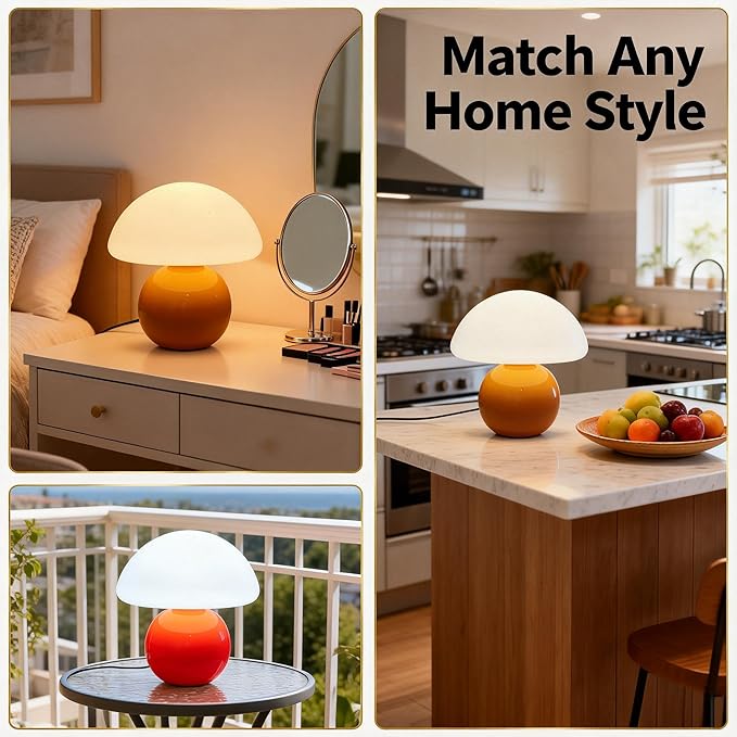 3-Way Dimmable Orange Mushroom Lamp - Plug Powered Small Desk Table Lamp with Dimmable Ambient, Night Light for Bedroom, Office,Nursery,Home Living Room Decor, Gift for Kids Teens & Adults