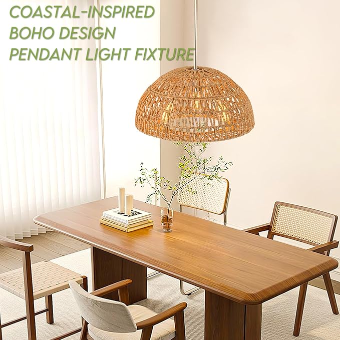 Rattan Boho Chandelier Dinning Light Fixture,17.7'' Rattan Pendant Light,Boho Hand Woven Chandelier Hanging Light Wicker Chandeliers for Kitchen Island Light Living Room Bedroom Farmhouse Nursery