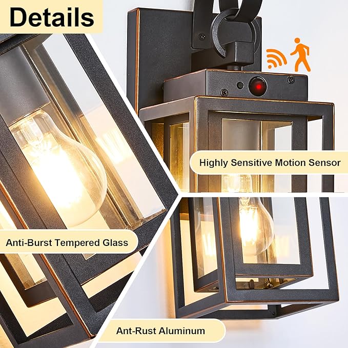 Upgraded Motion Sensor Outdoor Wall Lighting Fixtures, Dusk to Dawn Coach Lamps Outdoor Wall Sconces with Clear Glass, Modern Black Outside Wall Mount Lantern for Front Door, Porch, Garage