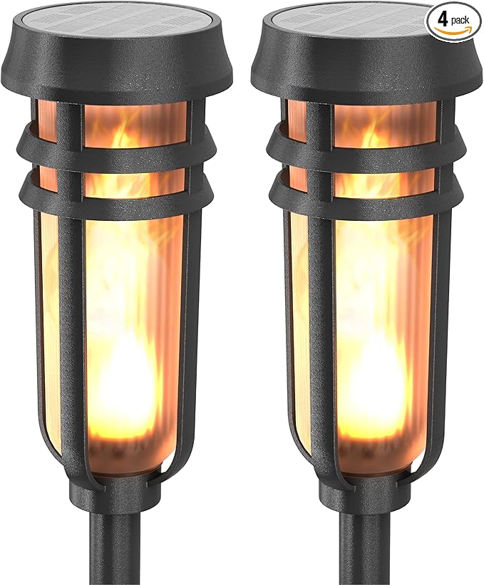 Metal Solar Torch Lights - Adjustable Height (24" - 50"), Outdoor Garden Decor with Patented LED, Waterproof Solar Tiki Torches for Yard, Patio, Garden Pathway, Matte Black – 4 Pack
