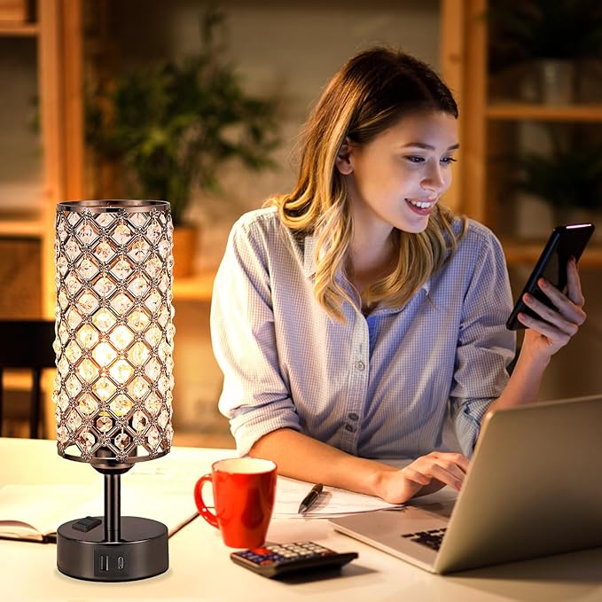 Hong-in Crystal Table Lamp Touch Control Set of 2, 3-Way Black Crystal Lamps with USB C+A Ports & AC Outlet, Dimmable Nightstand Desk Lamps,Modern Bedside Table Lamp for Bedroom(Bulbs Included)