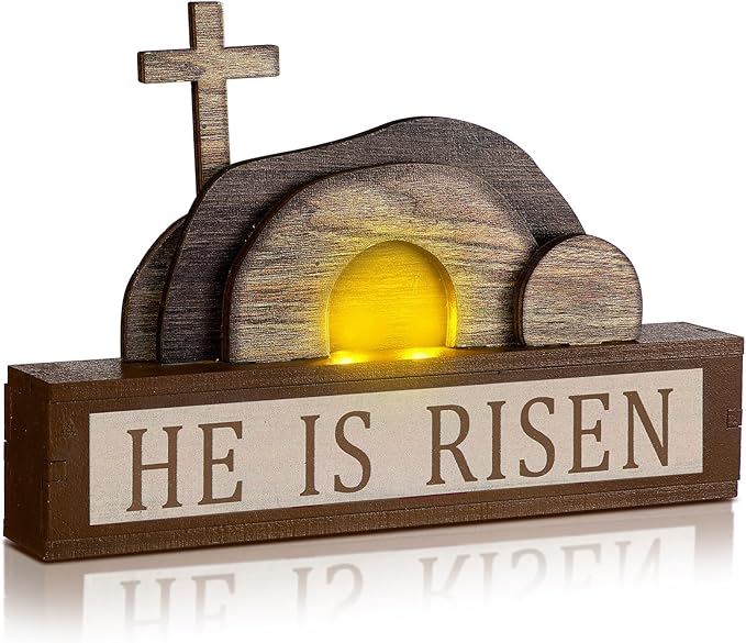 Yousoontic Empty Tomb Easter Scene and Cross Decoration He Is Risen Decor with Light String Wood Easter Tabletop Sign Christian Table Centerpiece Resurrection Scene Jesus Nativity Religious Home Decor
