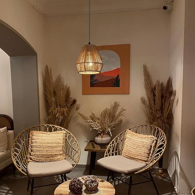 Bohemian Woven Rattan Pendant Light, 7'' Boho Hanging Light Fixture Mini Chandelier with Handwork Cage, Farmhouse Natural Small Pendant Lighting
