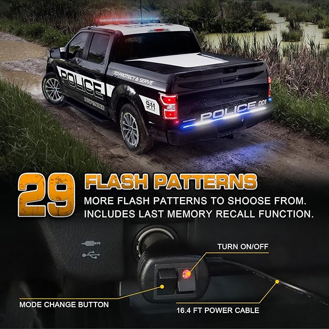 XRIDONSEN 48 inch Blue White Emergency Lights Strip Rear Window/Tailgate Lights 288 LED Tail Strobe Light Strip Flashing Warning Safety Caution for Police Firefighter Vehicles Trucks Pickup POV
