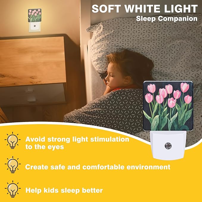 Pink Tulips Night Light, Floral Plug-in Nightlight with Dusk to Dawn Auto Sensor for Home Bedroom Hallway Kitchen 0.5W Sleep Friendly Led Lamp for Women Men