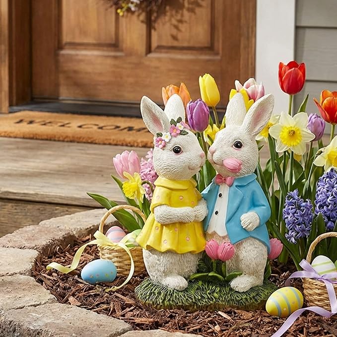 TERESA'S COLLECTIONS Easter Decorations Outdoor with Solar Lights, 8'' Lighted Easter Bunny Decor, Spring Easter Decor for Entryway Planter Mantel Tabletop Ideal Easter Gifts