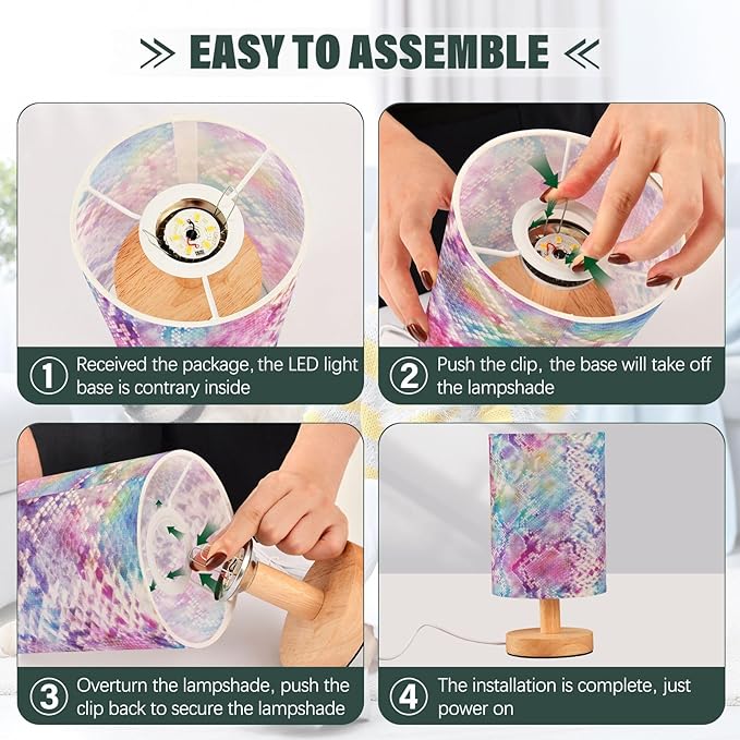 Table Lamp Colorful Tie Dye Snake Print Animal Skin Pattern Nightstand Lamp with Wood Base Fabric Lamp Shade Bedside Desk Lamp for Living Room Bedroom Kids Room Office