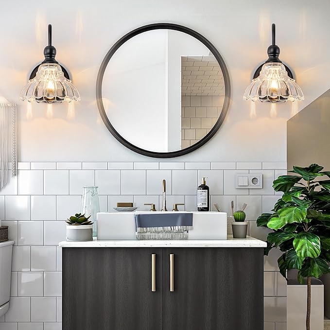 Vintage Bathroom Light Fixtures Over Mirror, 1-Light Black Wall Sconce Lighting with Flower Glass Shade, Farmhouse Vanity Lights for Bedroom Kitchen Living Room Hallway Light