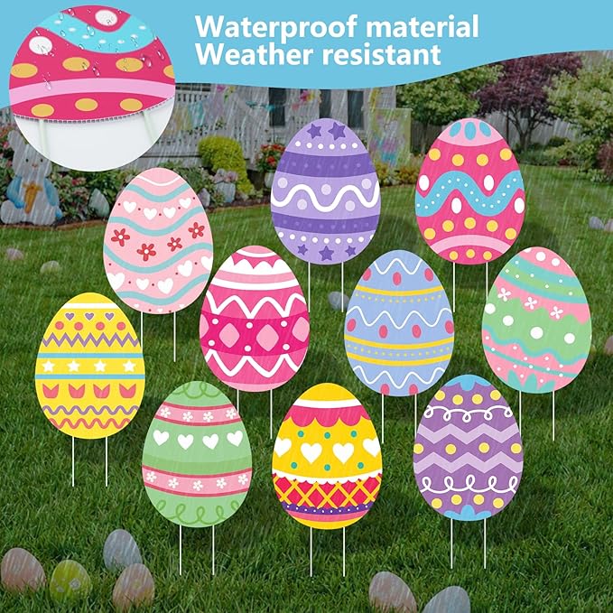 Large Easter Yard Signs 10pcs with Stakes Colorful Eggs Decorations Outdoor Holiday Welcome Signs for Happy Easter Themed Festival Party Supplies, Lawn, Garden Yard Decor