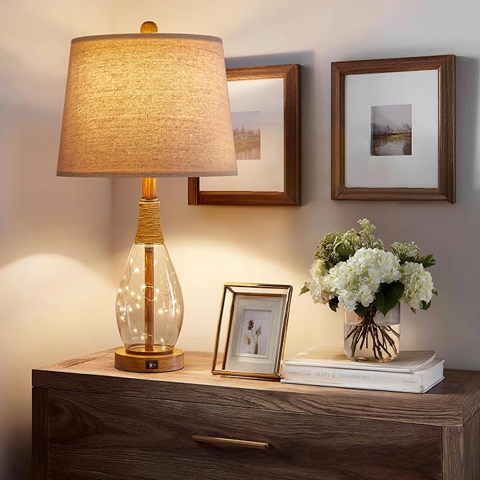 OYEARS 23" USB A+C Table Lamp for Bedroom Living Room Modern Bedside Lamps Retro Farmhouse Rattan Glass Nightstand Nightlight Lamps,Two Light Points