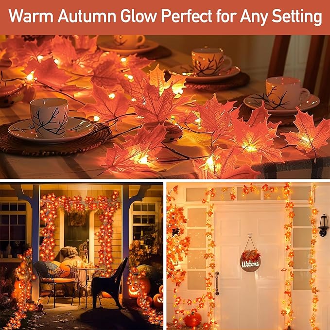 2 Packs Fall Decor Maple Leaves String Light,Waterproof Total 20Ft 40 LED, Battery Operated String Light for Home Mantel Porch Door Indoor Outdoor Halloween Thanksgiving Decor