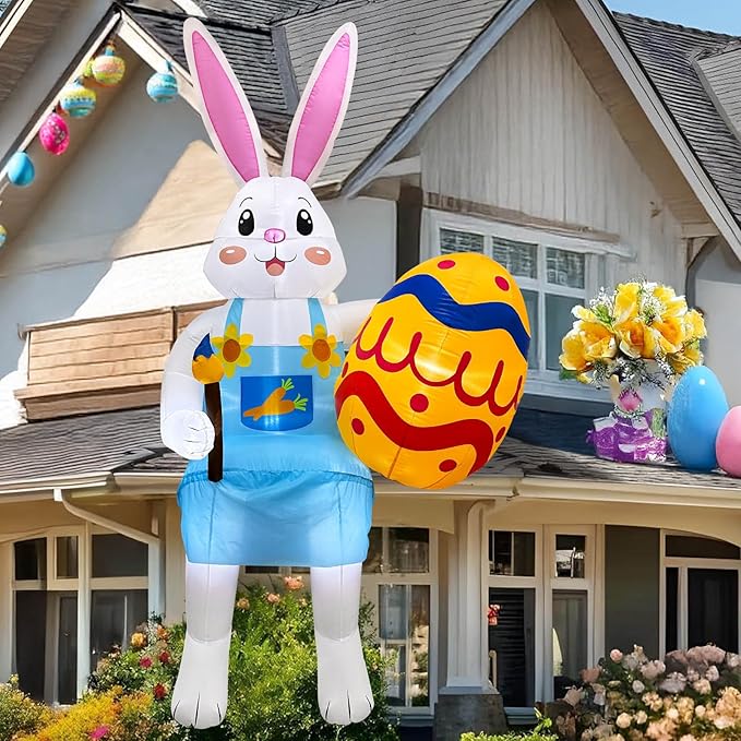 8FT Easter Inflatables Outdoor Decorations Sitting Inflatable Bunny Decor, Inflatable Eggs Decor with LED, Easter Blow Ups for Outside Roof Yard Shop Garden
