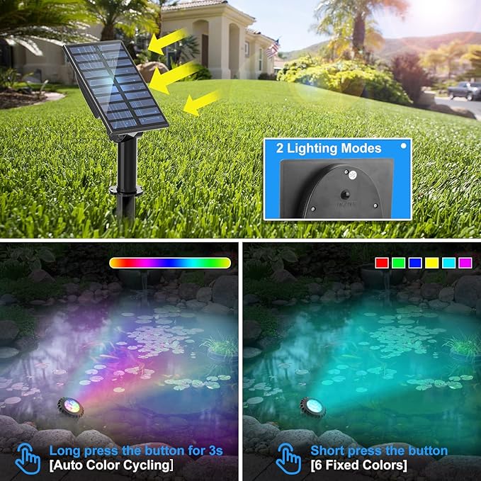 T-SUN Solar Fountain Lights Submersible Solar LED Underwater Pond Lights Color Changing Landscape Spotlights IP68 Waterproof for Garden Fish Trank Aquarium Pool Waterproof (3 Lights in 1)