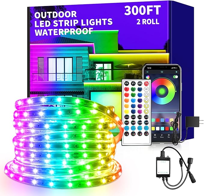 300ft Outdoor LED Strip Lights Waterproof,Music Sync Led Strip Lights with App&Remote Controled,Color Changing RGB Exterior LED Rope Lights Waterproof for Balcony,Pool（2 Rolls of 150ft ）