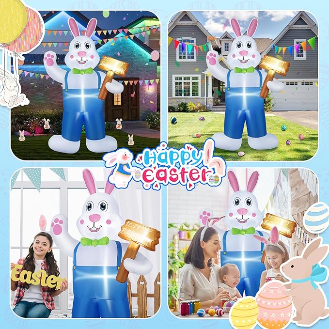 B&D 6FT Easter Inflatables Outdoor Decorations Blow Up Inflatable Bunny Holding A Sign Built-in LEDs, Happy Easter Decorations Inflatable Rabbit for Holiday Party Indoor Outdoor Yard Garden Lawn